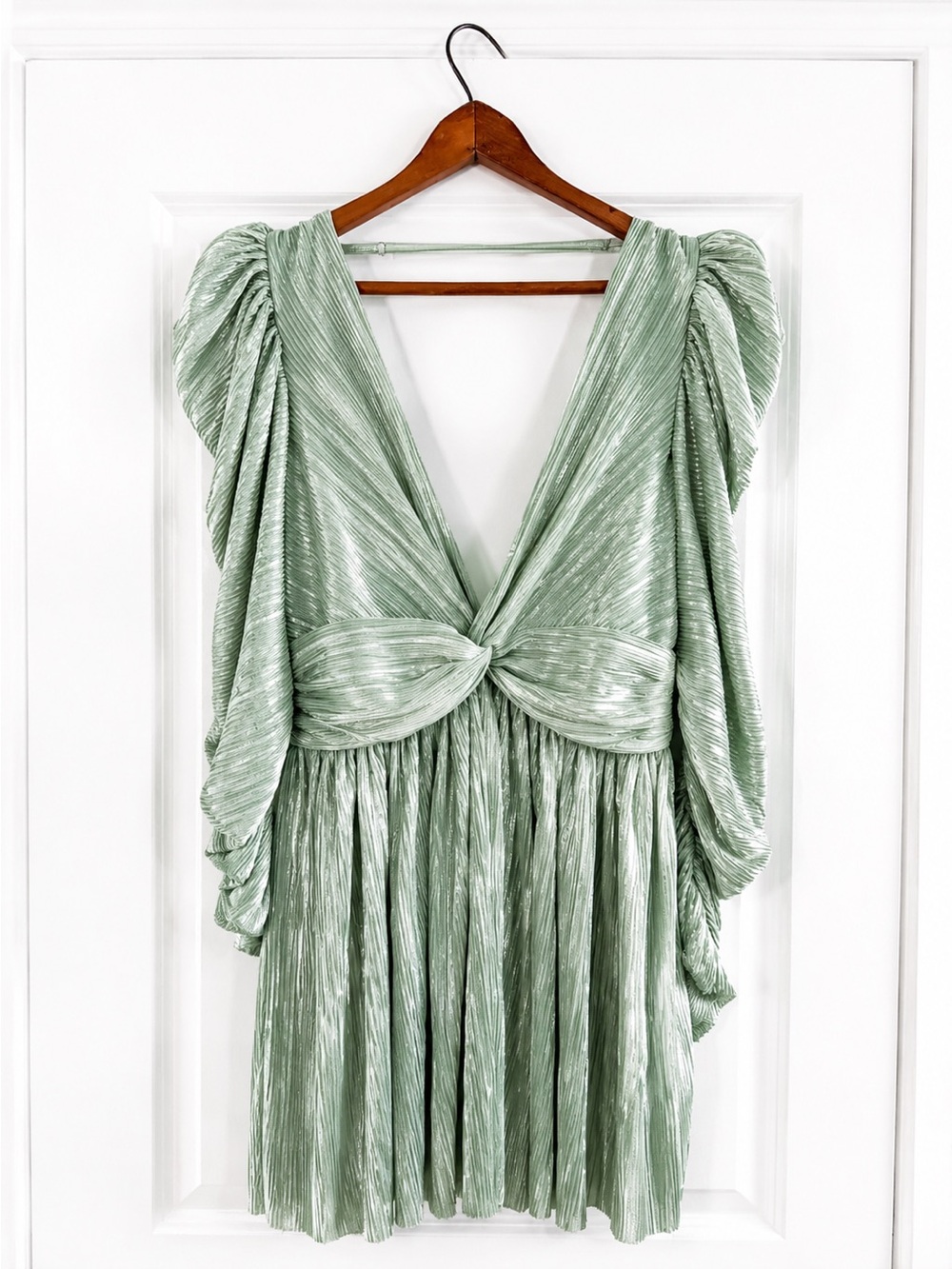 Sabina Musayev Metallic Pleated Mini Dress Sage Green Balloon Long Sleeve Medium